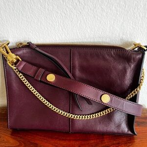AllSaints Eve Leather Burgundy Crossbody Bag with Gold Chain
